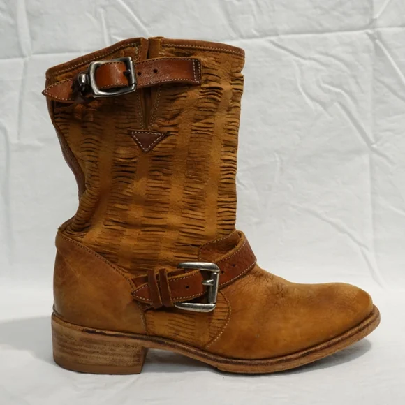 NYLO Distressed Tan Suede Mid-calf Moto Boot - made in Italy, size 38